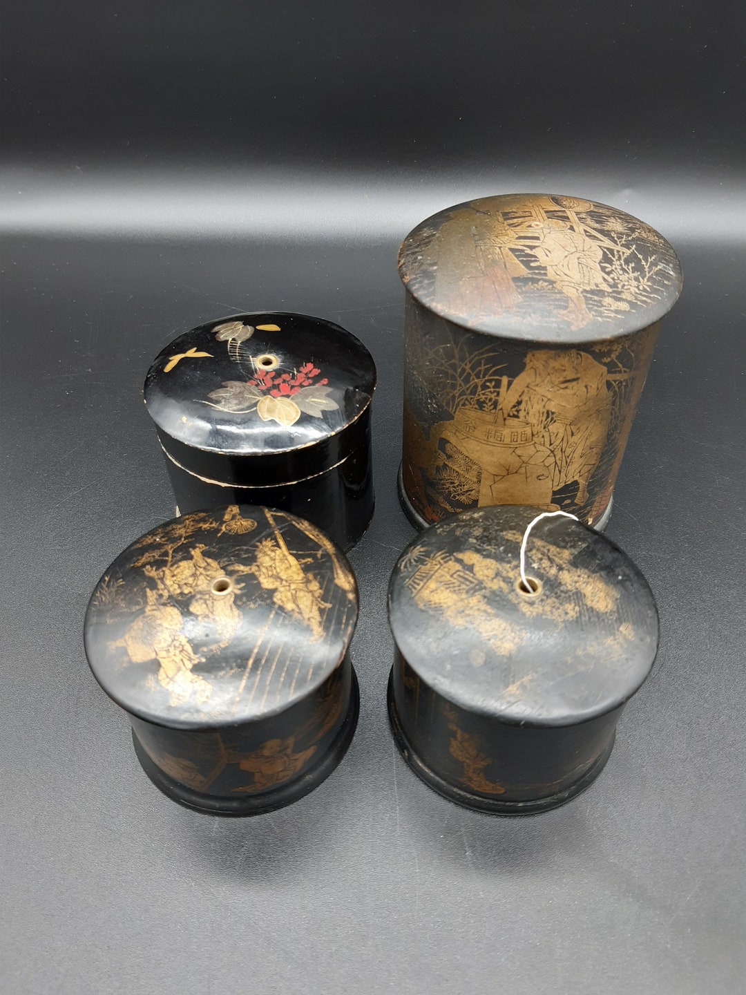 4 Antique Black Lacquer Boxes/ Thread Holders Etsy