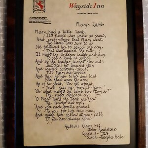 Poema enmarcado El cordero de María en papel con membrete del Wayside Inn de Longfellow