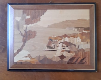 ヴィンテージ イタリア 寄木細工 ウォールアート / 海岸沿いの象嵌細工