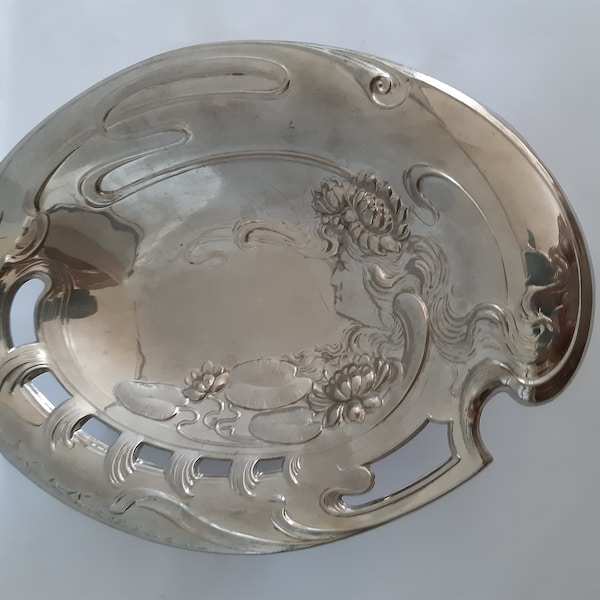 ART NOUVEAU bowl or tray with lady and water lily flower