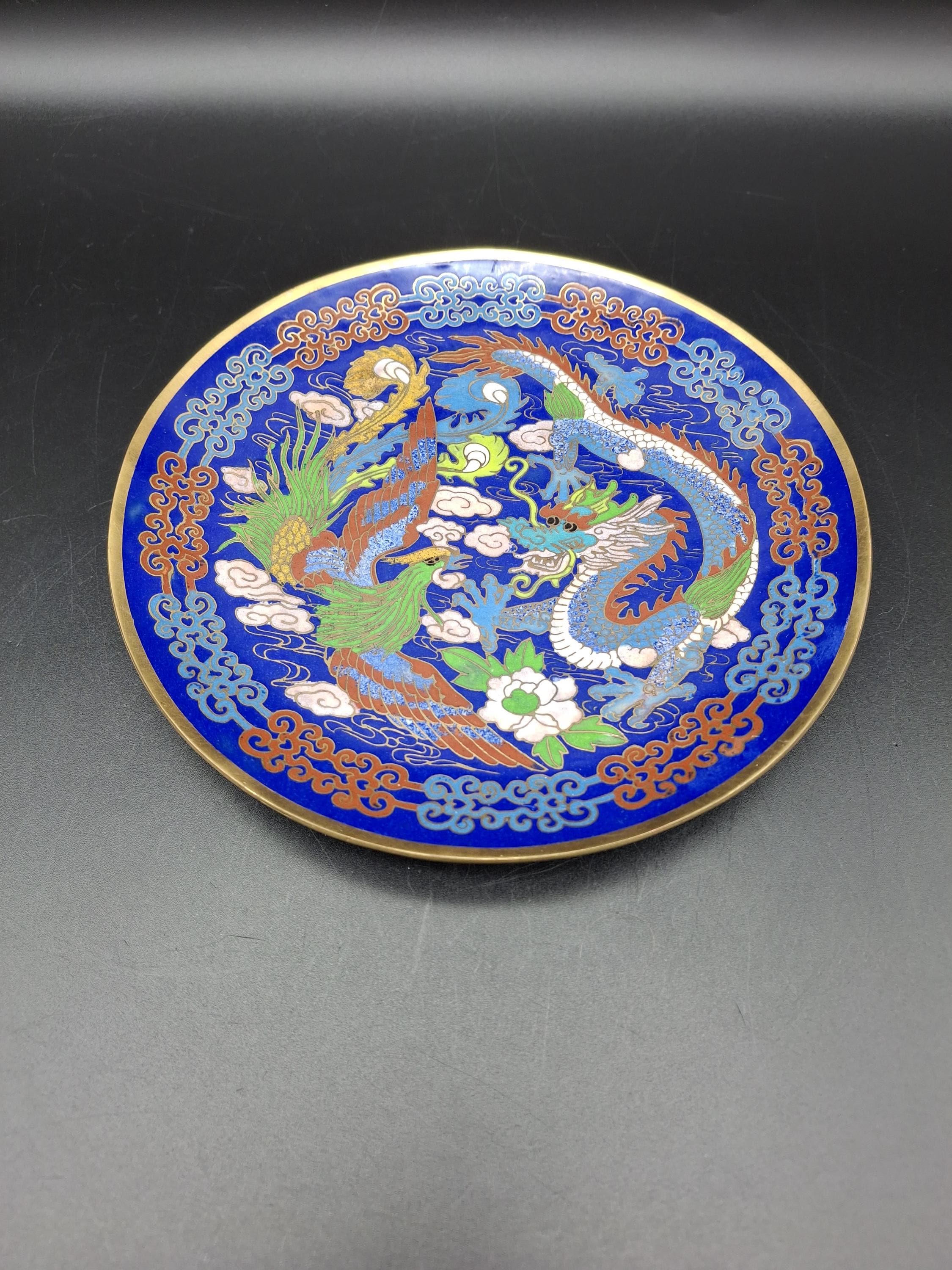 龍と鳳凰を描いた中国の七宝焼き皿 - Etsy 日本