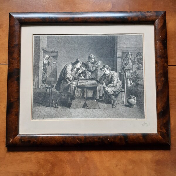 Antique David Teniers engraving backgammon game