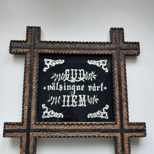 Antique tramp art frame with a Swedish religious writing