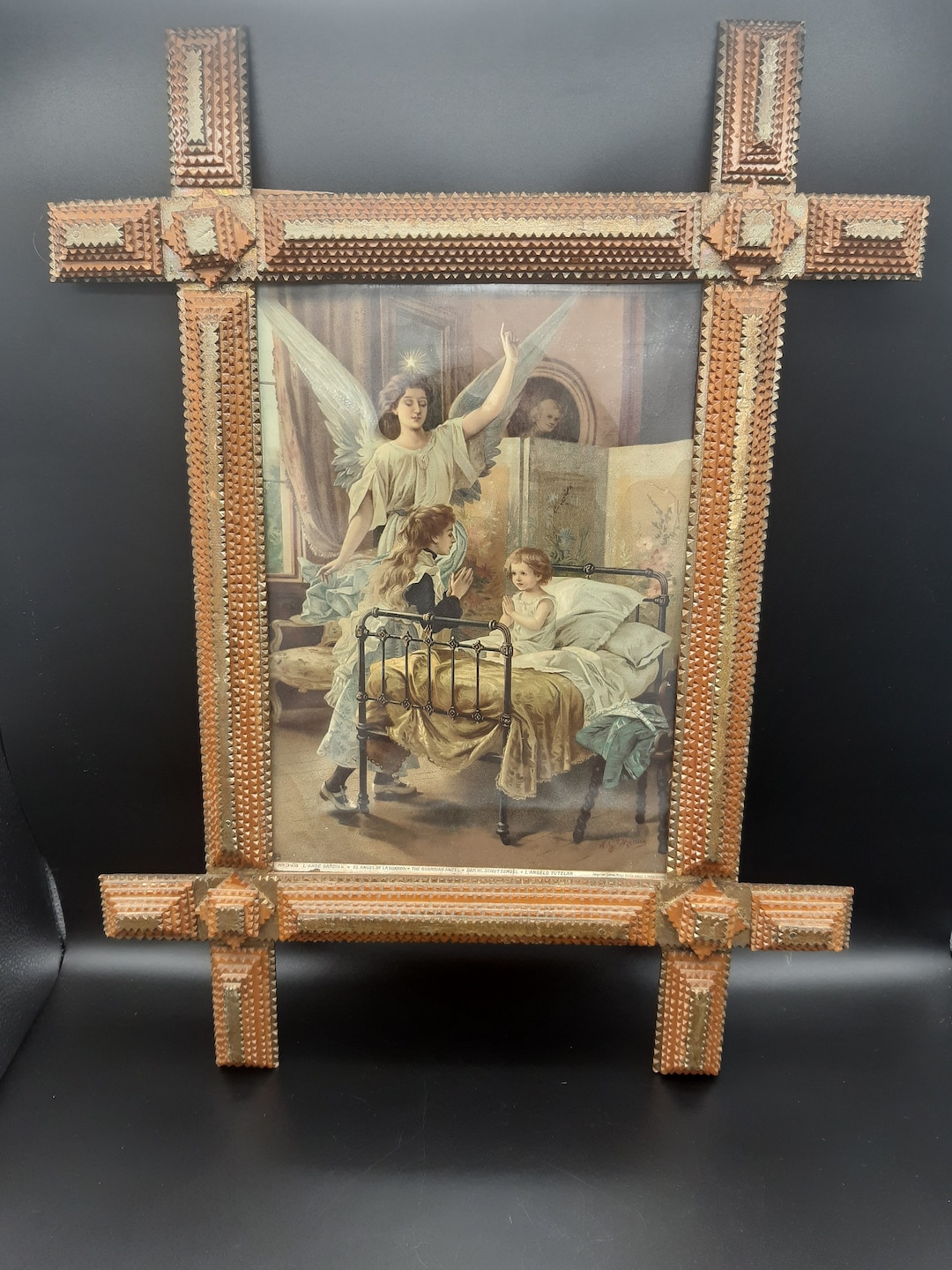 Antique Tramp Art Frame With Guardian Angel Print - Etsy