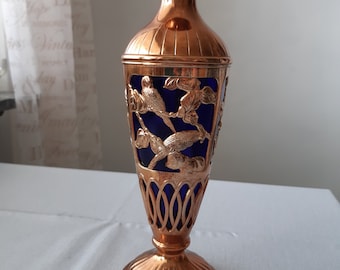 Art Nouveau Jugend caged cobalt glass vase with a lovely parrots pattern