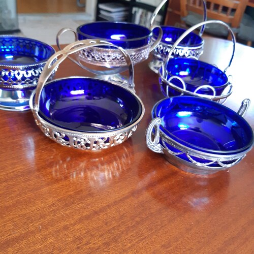 Vintage assortment of 6 metal and cobalt glass candy basket or sugar shops bowl