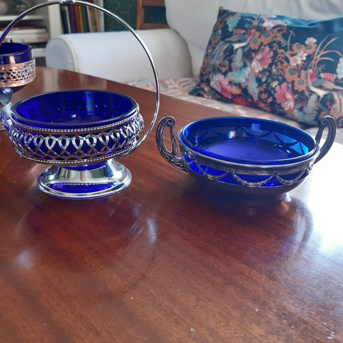 Vintage assortment of 6 metal and cobalt glass candy basket or sugar shops bowl