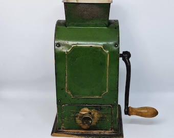 Vintage Swedish dark green painted metal & wood Coffee Grinder