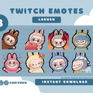 Lot de 8 émoticônes Labubu monstres kawaii mignons | Twitch | Discorde | Pack d'émoticônes streamer
