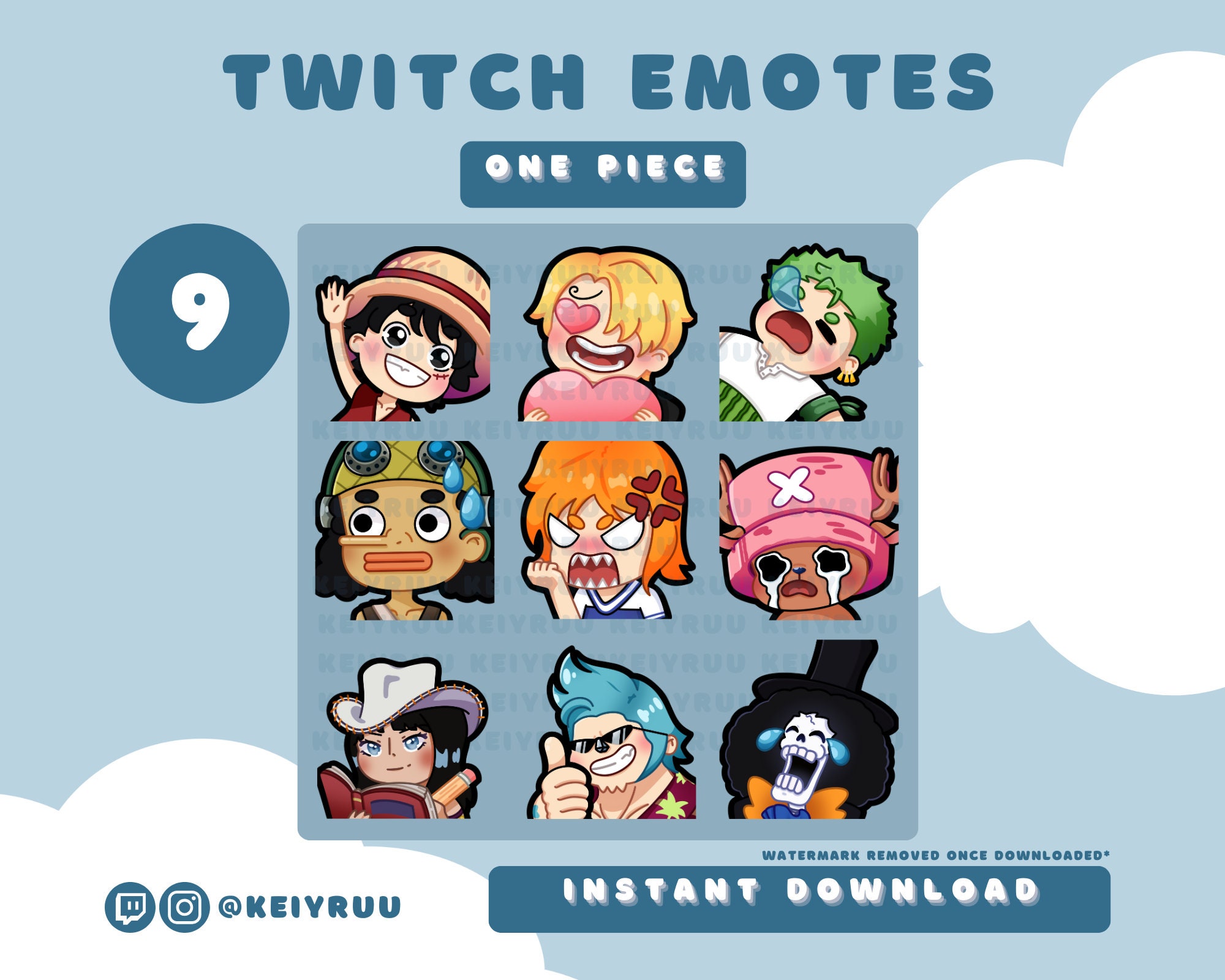 9 Cute Kawaii Chibi Straw Hat Pirates Emote Bundle | Twitch | Discord | Streamer Emote Pack