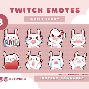 8 Cute Kawaii White Bunny Rabbit Emote Bundle | Twitch | Discord | Streamer Emote Pack