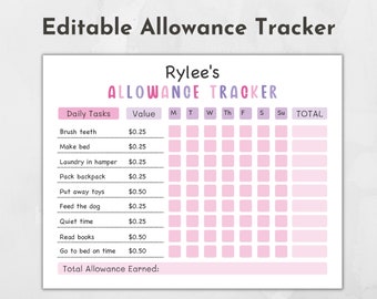 Printable Kids Chore Chart: Editable Weekly Allowance Tracker (PDF)