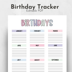 Editable Birthday Tracker | Yearly Birthday Tracker | Printable ...