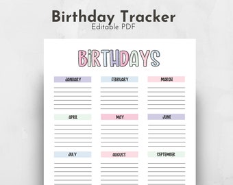 Editable Birthday Tracker: Printable Yearly Chart (PDF)