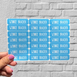May include: A sheet of blue rectangular stickers with the name "WINNIE BRADER" printed in white on each sticker.