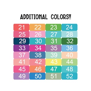 May include: A chart with 52 color swatches, numbered 21 through 52. Each swatch is a different color, including pink, blue, green, yellow, and purple.