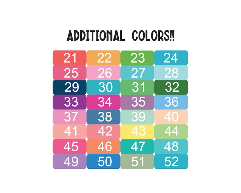 May include: A chart with 52 color swatches, numbered 21 through 52. Each swatch is a different color, including pink, blue, green, yellow, and purple.