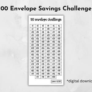May include: A printable 100 envelope savings challenge chart. The chart is black and white and features a grid with numbers 1 to 100 in dollar amounts. The text "save $5,050" and "*digital download*" are at the bottom of the chart.