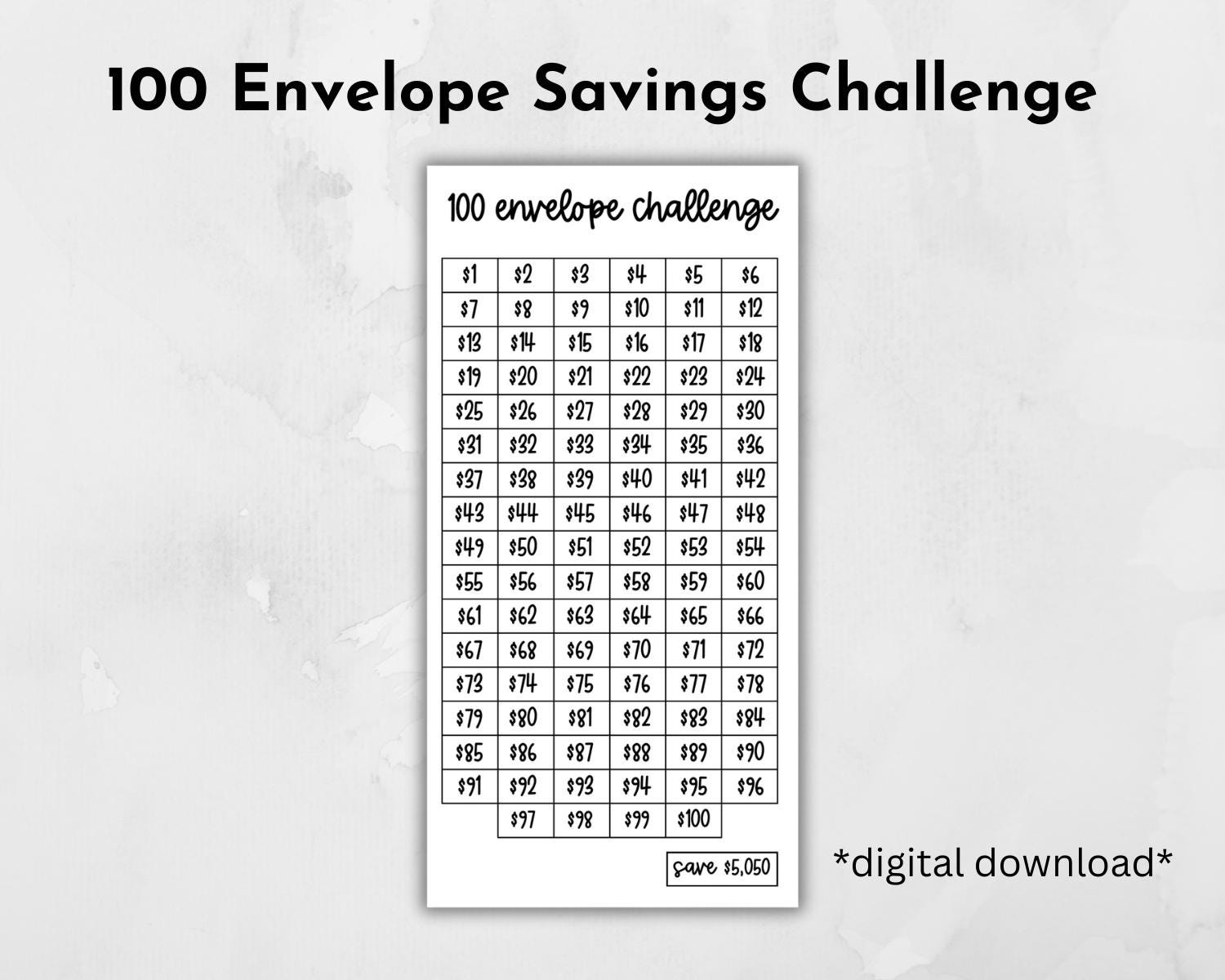 100 Envelope Savings Challenge Printable: Money Saving Tracker