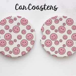 Set of 2 Car Coaster - Ceramic Coaster Set - Neoprene Car Coaster - retro Car Coasters - Cute Coasters - New Car Gift - smiley coaster