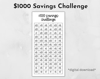 Printable 1000 Dollar Savings Challenge, Digital Download,  PDF