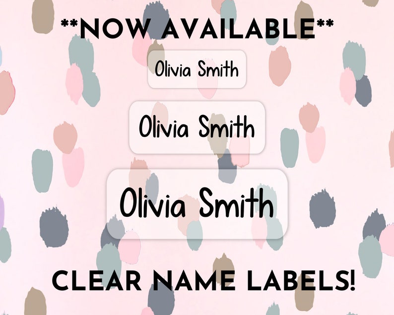 May include: Three clear name labels with the name "Olivia Smith" printed in black on a pink background with abstract pastel colored shapes.