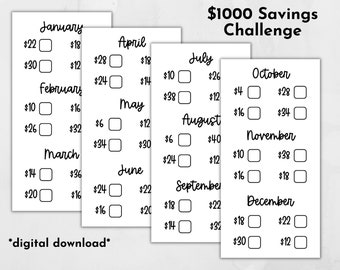 Printable 1000 Dollar Monthly Savings Challenge, Digital Download,  PDF