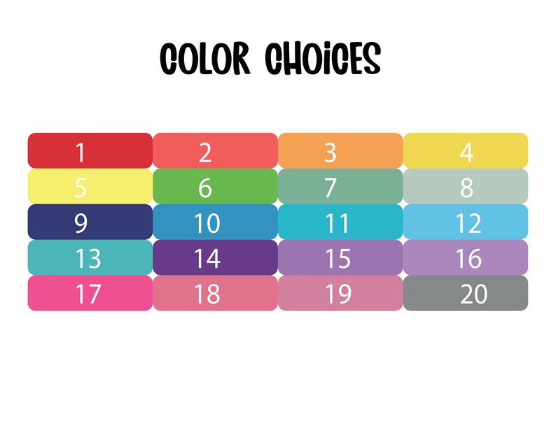 May include: A chart with 20 color swatches numbered 1 through 20. The colors are red, orange, yellow, green, blue, purple, pink, and gray.