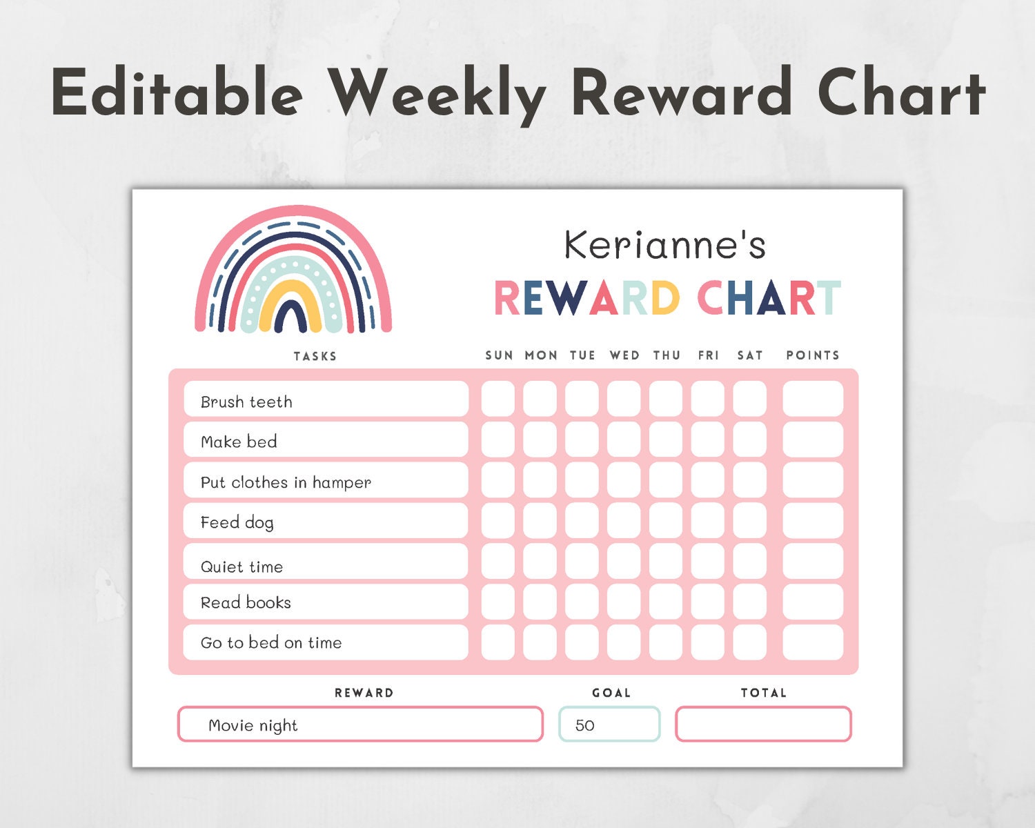 Printable Kids Reward Chart: Editable Weekly Chore Chart (PDF) - Etsy