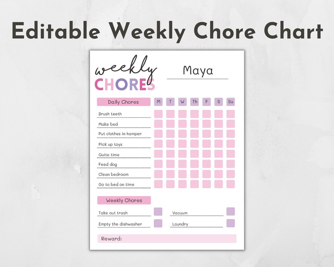 Printable Weekly Chore Chart, Editable Chore Charts, Kids Chore Chart ...