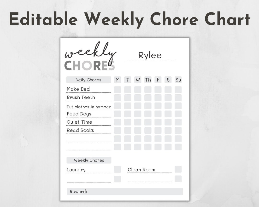Printable Weekly Chore Chart, Editable Chore Charts, Kids Chore Chart ...