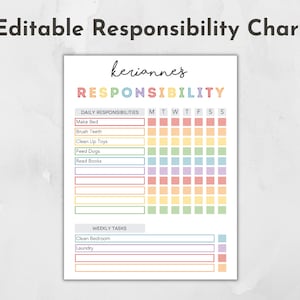 May include: A printable responsibility chart with a rainbow color scheme. The chart is labeled "keriannes RESPONSIBILITY" and includes sections for daily responsibilities and weekly tasks. The daily responsibilities section includes tasks such as "Make Bed", "Brush Teeth", "Clean Up Toys", "Feed Dogs", and "Read Books". The weekly tasks section includes tasks such as "Clean Bedroom" and "Laundry".