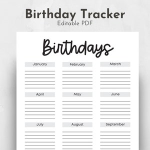Editable Birthday Tracker | Yearly Birthday Tracker | Printable Birthday Tracker | PDF |