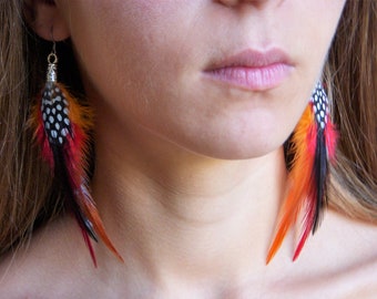 Pendiente de plumas largas, Pendientes colgantes, Joyería de plumas naturales, Pendiente Boho, Gitano, Hippie.