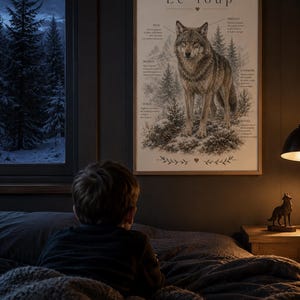 Wolf-Lernposter – Aquarell-Bergtier-Motiv, Montessori-Kinderzimmerdeko, Sofort-Download, Französische Wandkunst