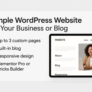 Puede incluir: Imagen que promociona un sitio web sencillo de WordPress para su negocio o blog. Incluye hasta 3 páginas personalizadas, un blog integrado y diseño adaptable. La imagen muestra una maqueta de sitio web.