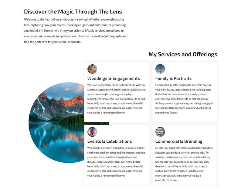 May include: Website page with the title "Discover the Magic Through The Lens" and a description of photography services. The page features sections for Weddings & Engagements, Family & Portraits, Events & Celebrations, and Commercial & Branding. A scenic landscape photo is also included.