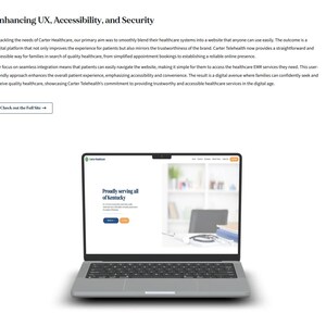 May include: A silver laptop displaying a website with the text "Proudly serving all of Kentucky." The website is for Carter Healthcare, promoting accessible healthcare services. The laptop is open on a white surface.