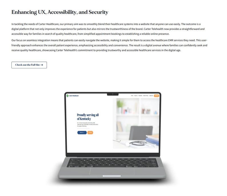 May include: A silver laptop displaying a website with the text "Proudly serving all of Kentucky." The website is for Carter Healthcare, promoting accessible healthcare services. The laptop is open on a white surface.