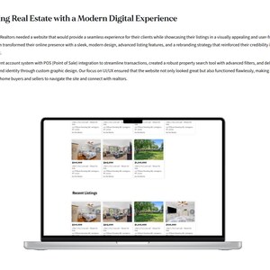May include: A laptop displaying a real estate website with property listings. The website showcases images of homes, property details, and pricing. The text at the top reads "Elevating Real Estate with a Modern Digital Experience."