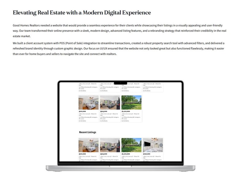 May include: A laptop displaying a real estate website with property listings. The website showcases images of homes, property details, and pricing. The text at the top reads "Elevating Real Estate with a Modern Digital Experience."