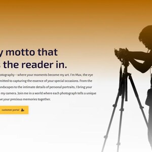 May include: Website design for Max's Photography, featuring a photographer silhouetted against a gradient orange background. The text includes a catchy motto and a welcome message. Two buttons are visible.