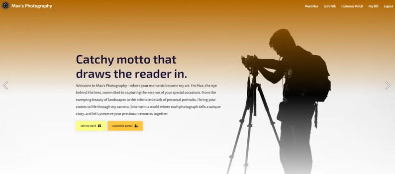 May include: Website design for Max's Photography, featuring a photographer silhouetted against a gradient orange background. The text includes a catchy motto and a welcome message. Two buttons are visible.