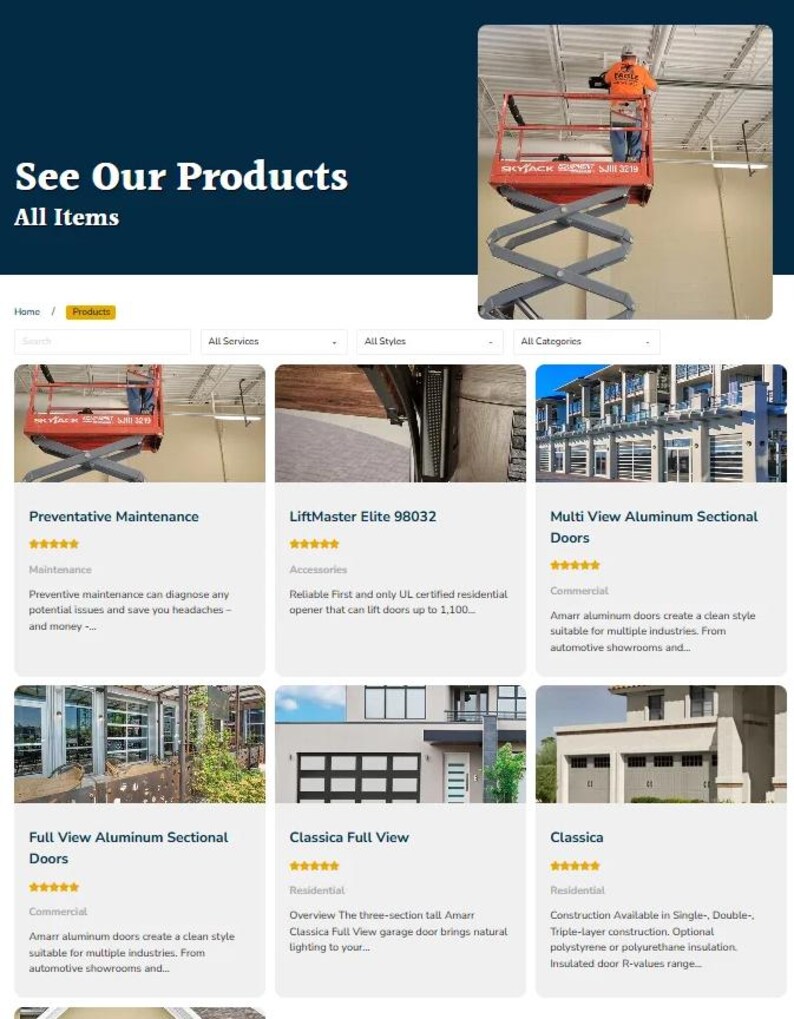 May include: A website page titled "See Our Products" with various product listings. The page features images of garage doors, maintenance services, and related accessories. A person is operating a lift in the top right corner.