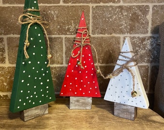 Christmas trees, Set of 3  Painted pine wood farm house style  Christmas trees with stand (Red,Green,White)