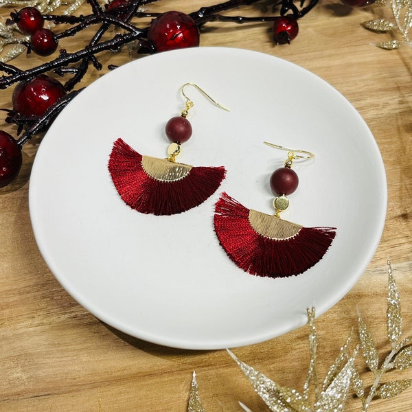 Handmade Burgundy Red Silk Fan, Dangle Drop Polymer Clay Earrings, New Years Eve Jewellery, Party Earrings, Glitz & Glam