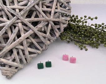 Pink and Green Square Stud, Handmade Polymer Clay Earrings, Lightweight