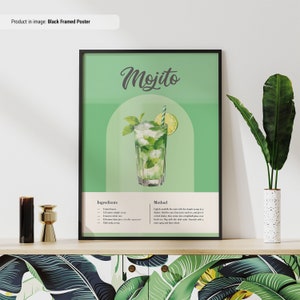 Póster de recetas de mojito / Póster de recetas de cócteles clásicos / Impresión de cócteles coloridos / Pósteres de cócteles / Arte mural para carrito de bar / Póster de mojito
