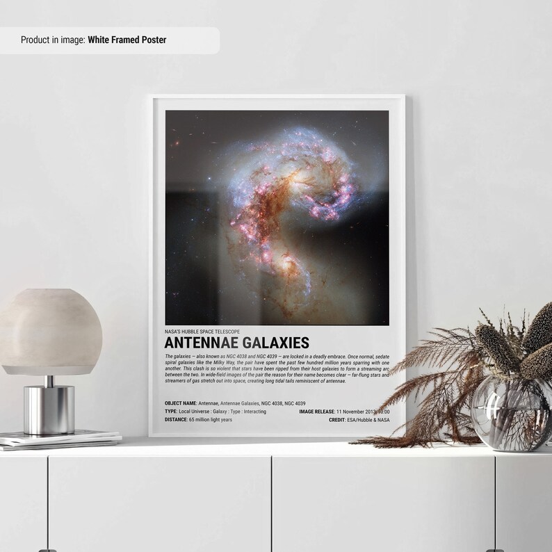 May include: White framed poster featuring the Antennae Galaxies, captured by the Hubble Space Telescope. The image showcases two interacting galaxies, NGC 4038 and NGC 4039, with long tidal tails. The poster includes text with details about the galaxies.