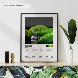 May include: Black framed poster with a green snake on a branch. The poster has the title "Origin" and the text "Madness". The poster also includes a list of songs and their track numbers, the release date, recording dates, length, and a scan and play icon.